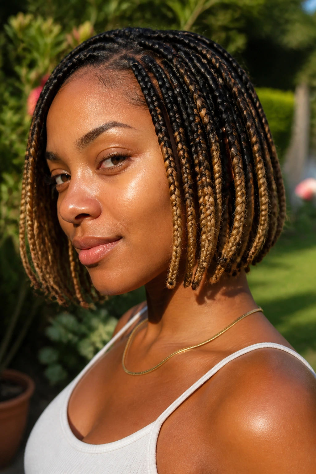 Close-up of ombré box braids on short hair in a garden setting