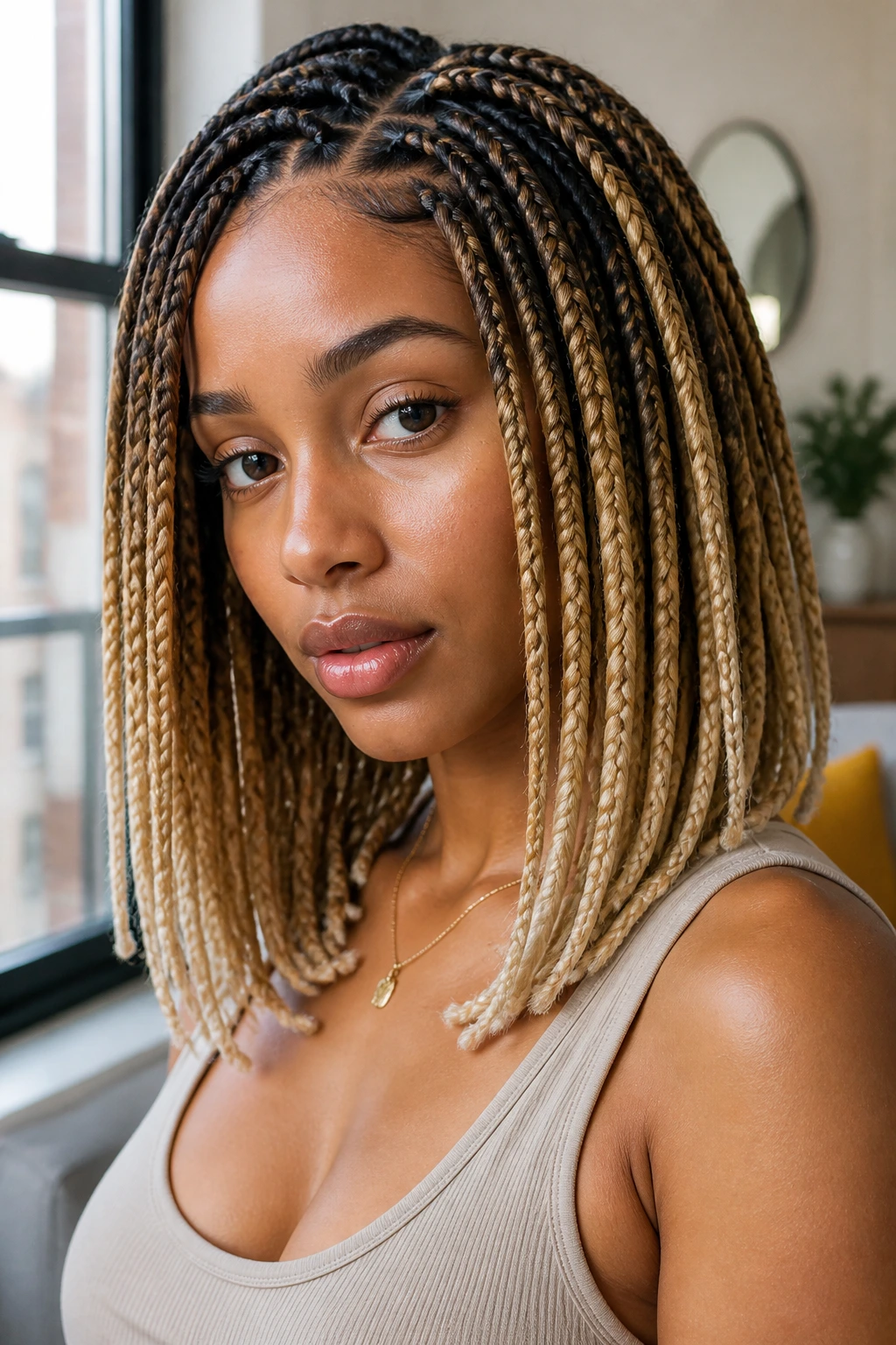 Close-up of real woman with honey-to-blonde ombre box braids.