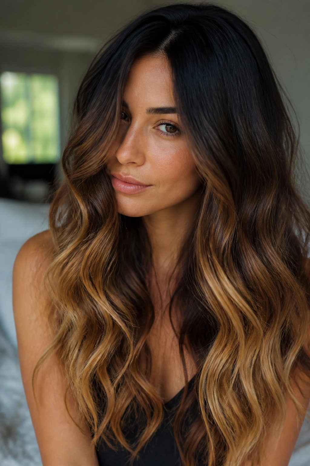 Close-up of brunette ombre with bright ends on long waves