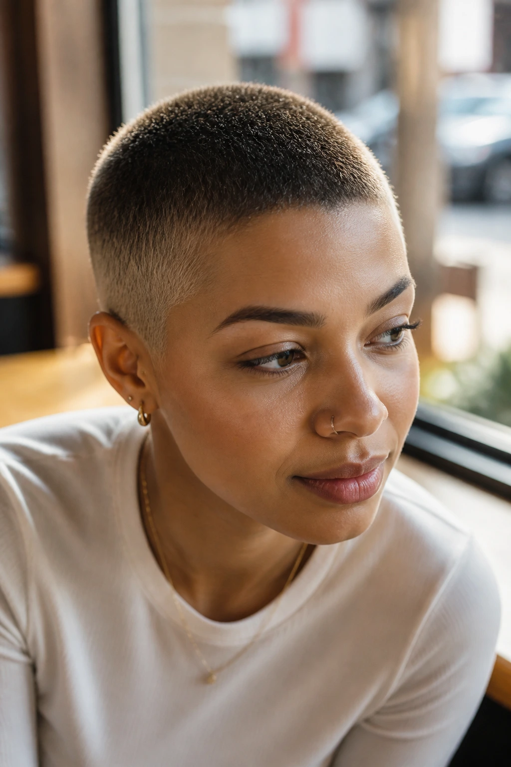 Close-up of a real woman with an ombre buzz cut showing smooth dark-to-light gradient.