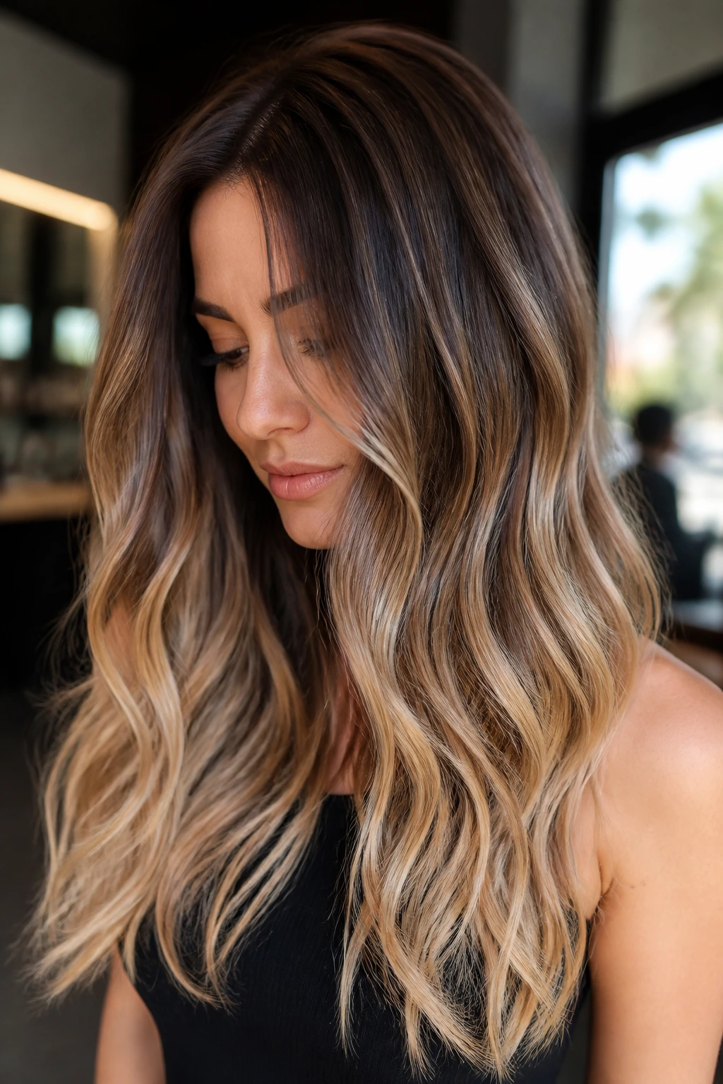 Close-up of a real woman with brunette roots fading to champagne beige ends in a soft ombre