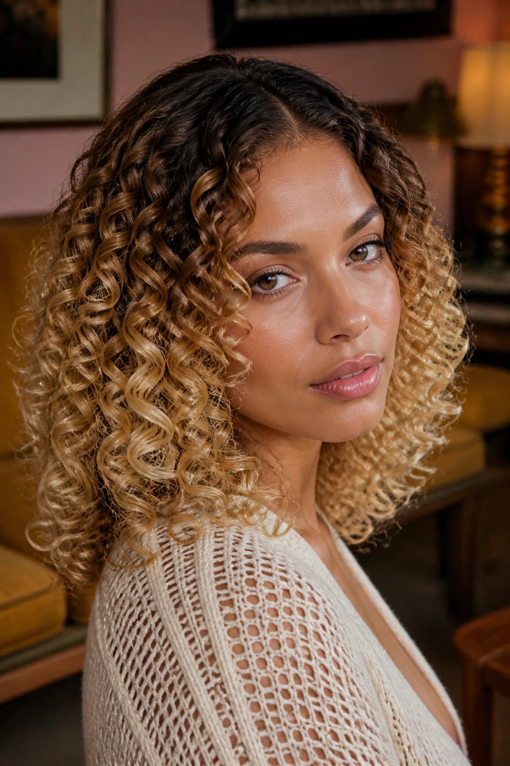 Close-up of caramel to buttermilk ombre corkscrews on a real model with curly hair