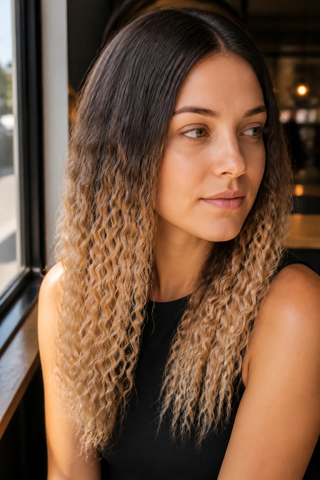 Ombre crimped hair with dark roots and light ends
