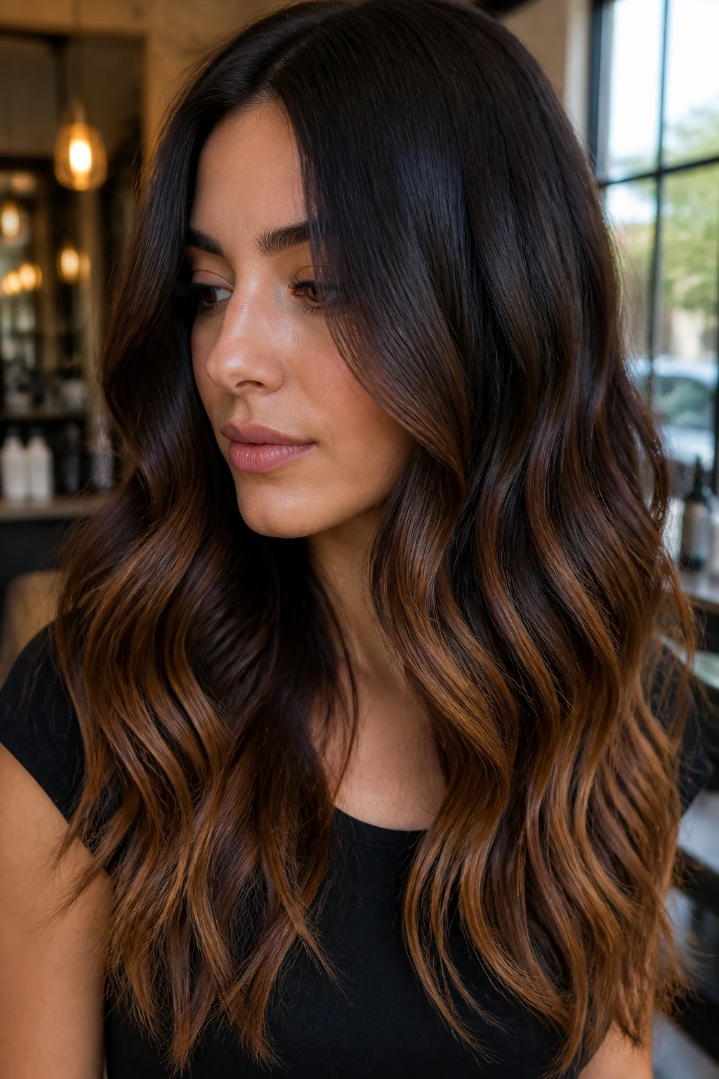Close-up of brunette ombré ends with roots to caramel transition on a real woman.
