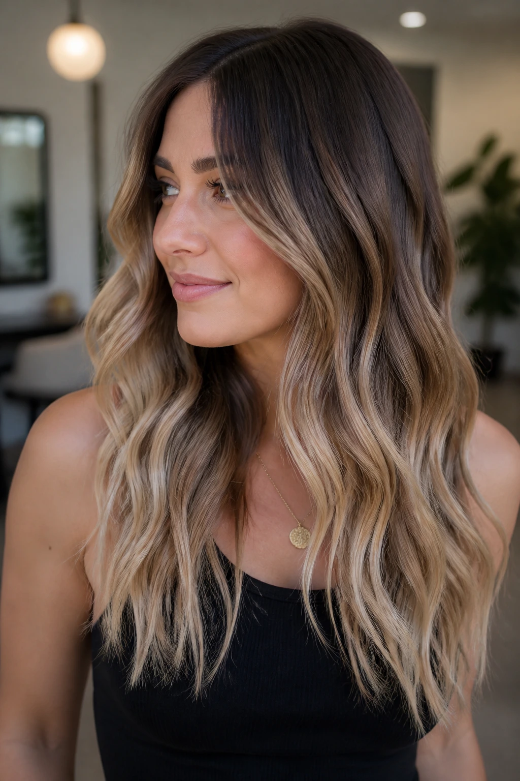 Medium close-up of real woman showing a defined ombre fade from root to end
