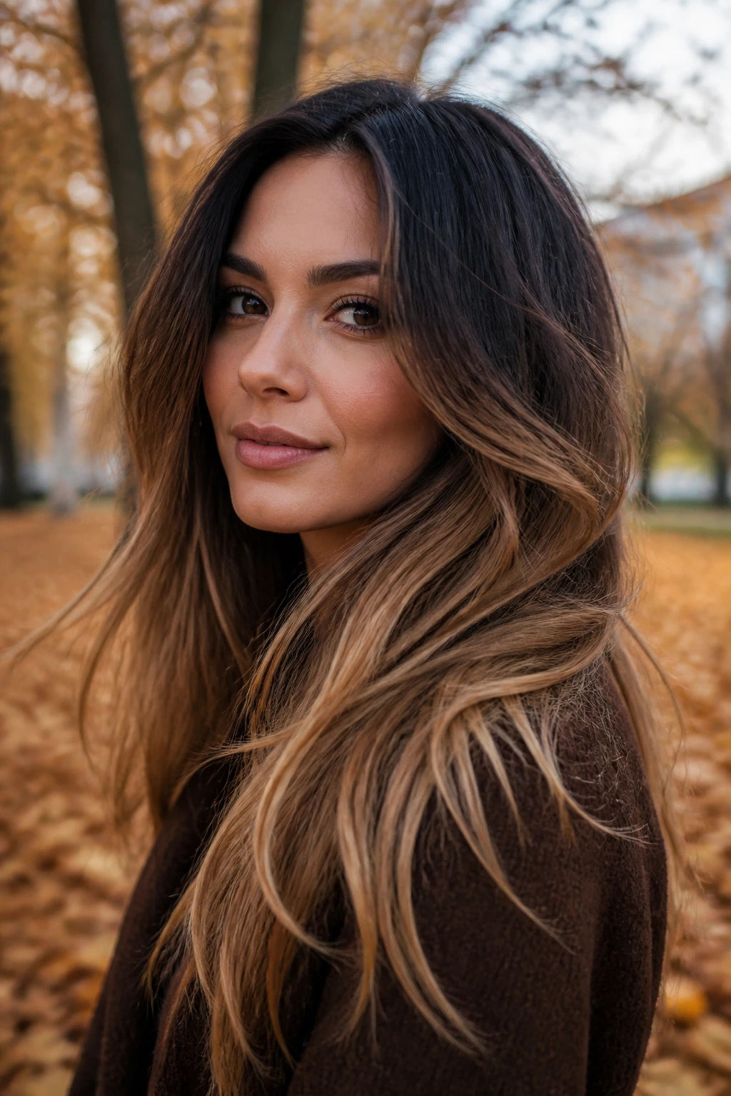 Autumn scene with a woman showing classic ombre hair in natural light