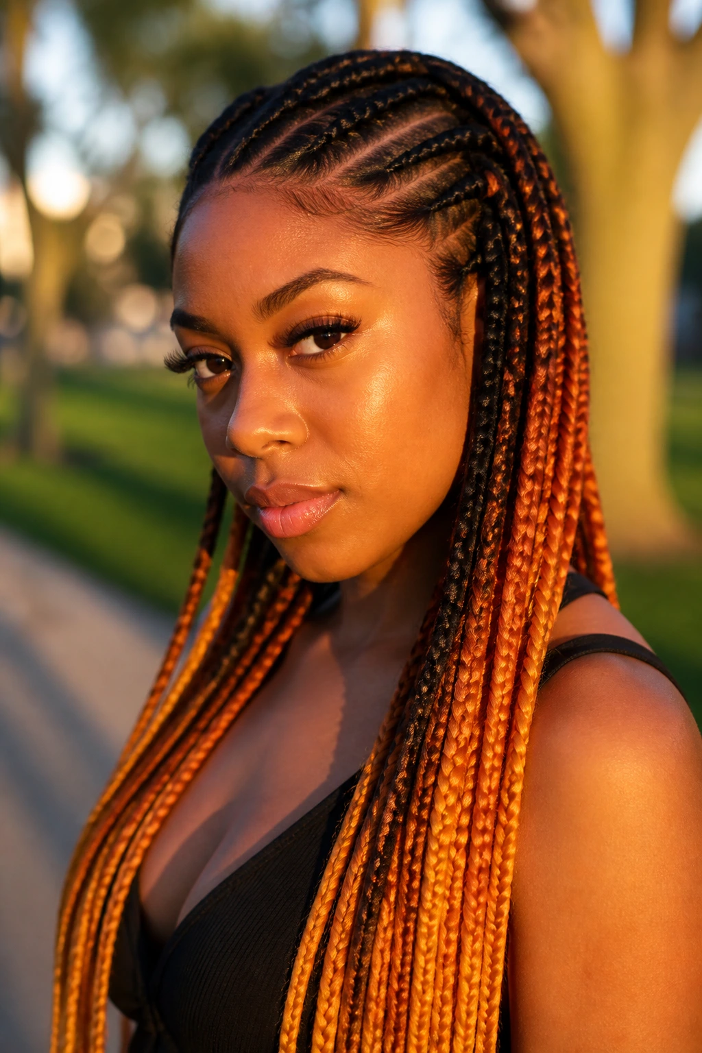 Close-up portrait of a woman with sunset ombre feed-in braids.