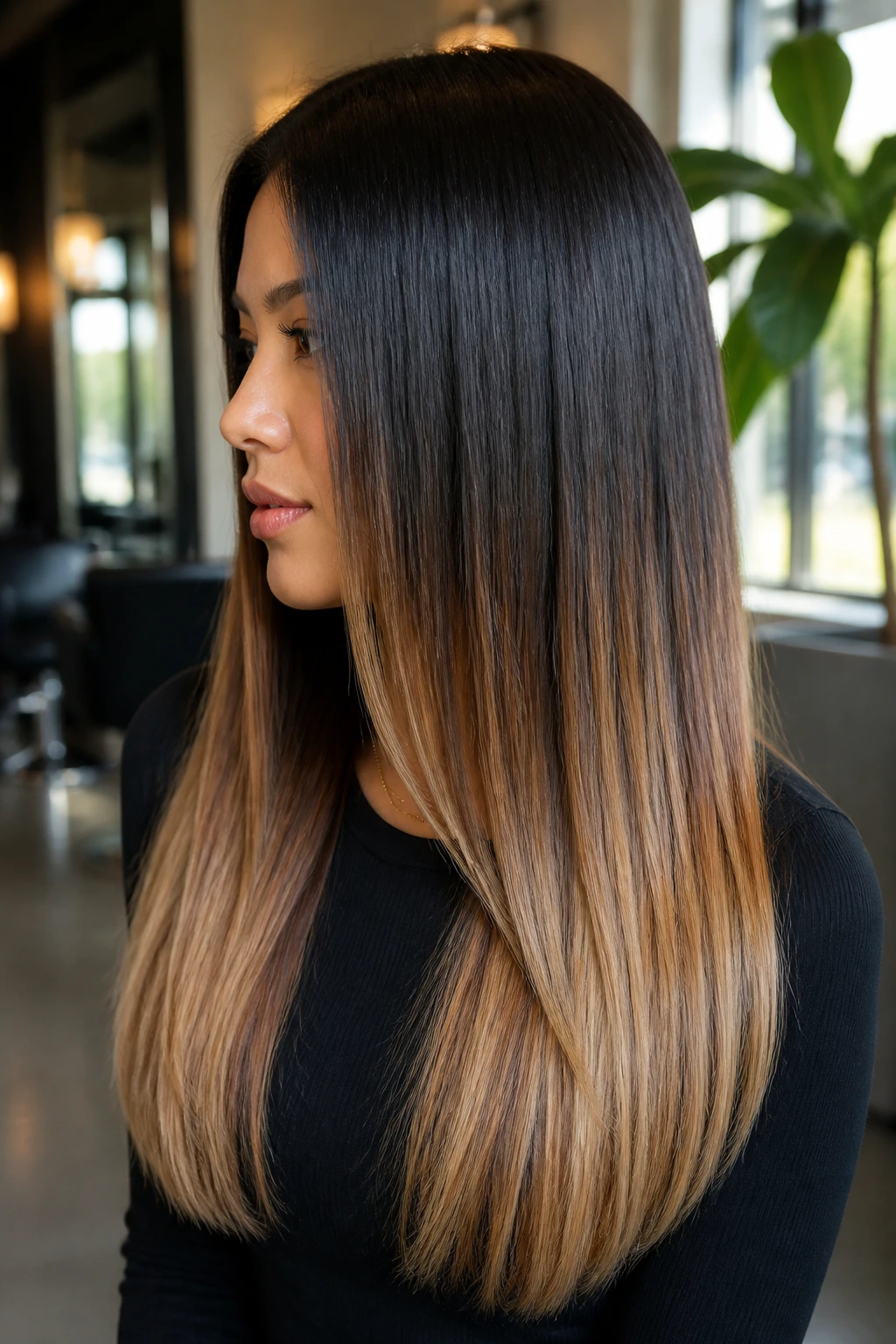 Portrait of a real woman with straight hair showing a long landing zone in the ombre