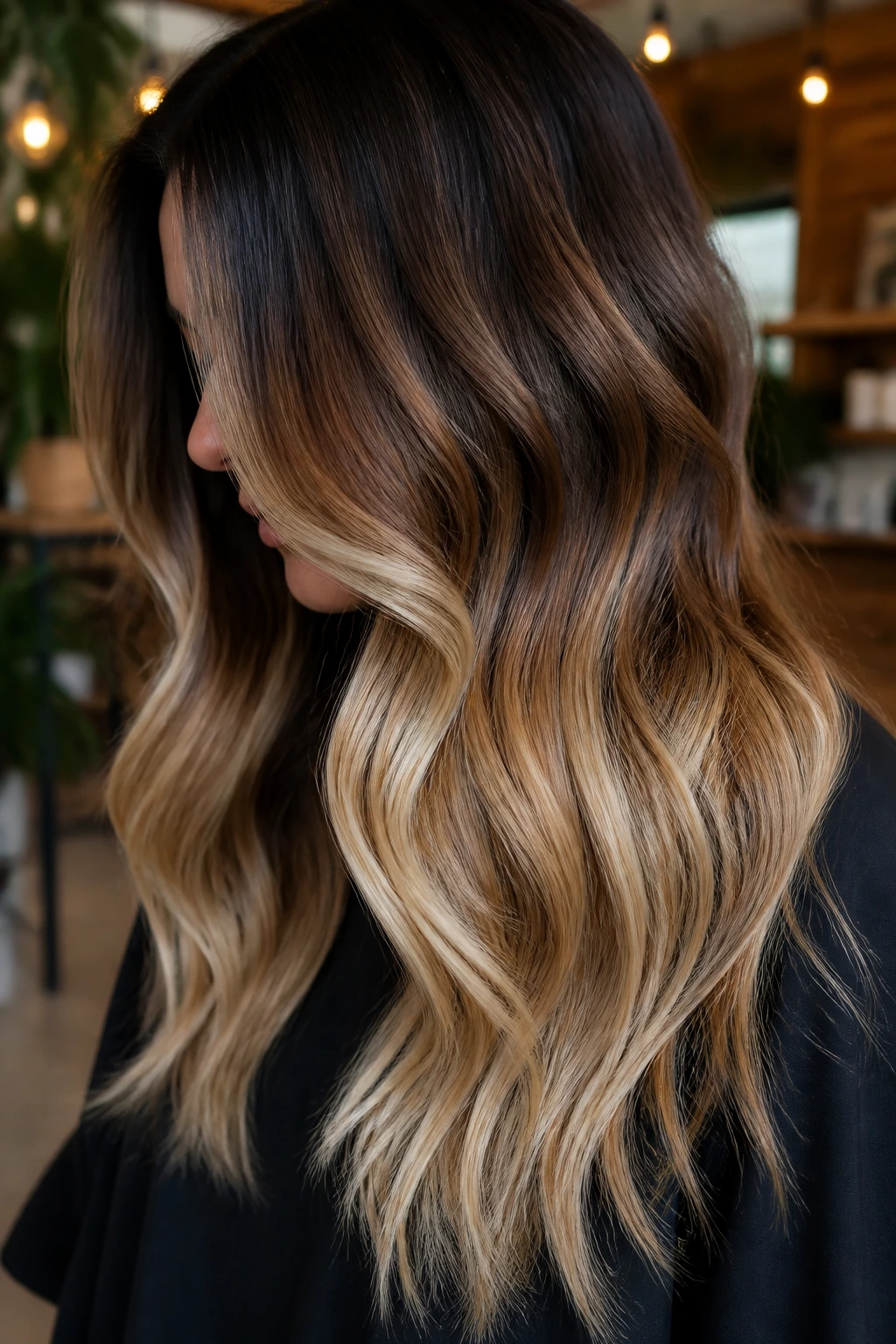 Close-up of ombre gradient hair at a salon with warm lighting