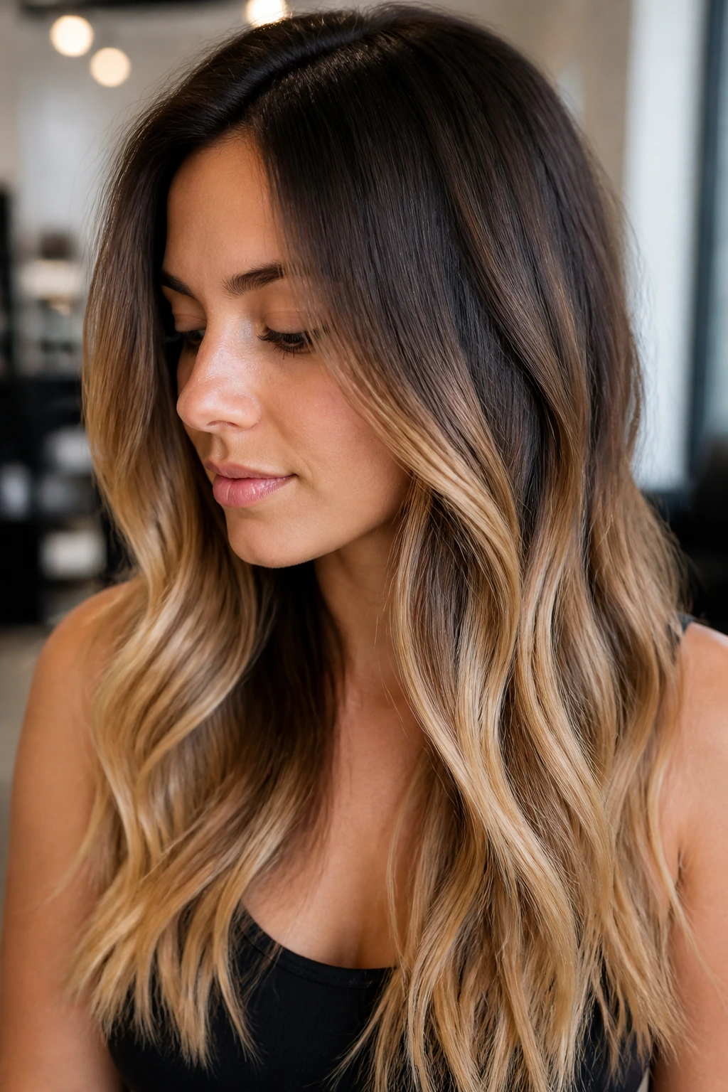 Close-up of ombre hair gradient showing fade against a hard highlight line