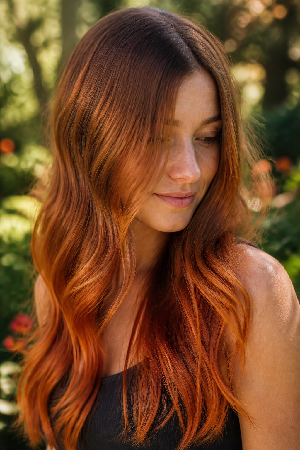 Portrait of a person with bronze-to-ginger ombré hair gradient from roots to ends