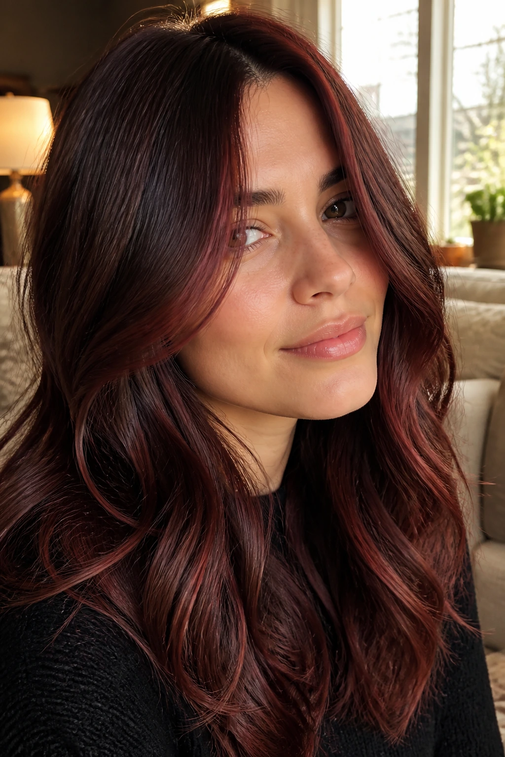 Close-up portrait showing spiced chocolate and cherry ombre on brunette hair