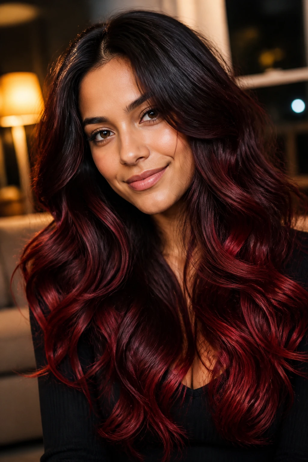 Close-up portrait showing cranberry ember ends ombre