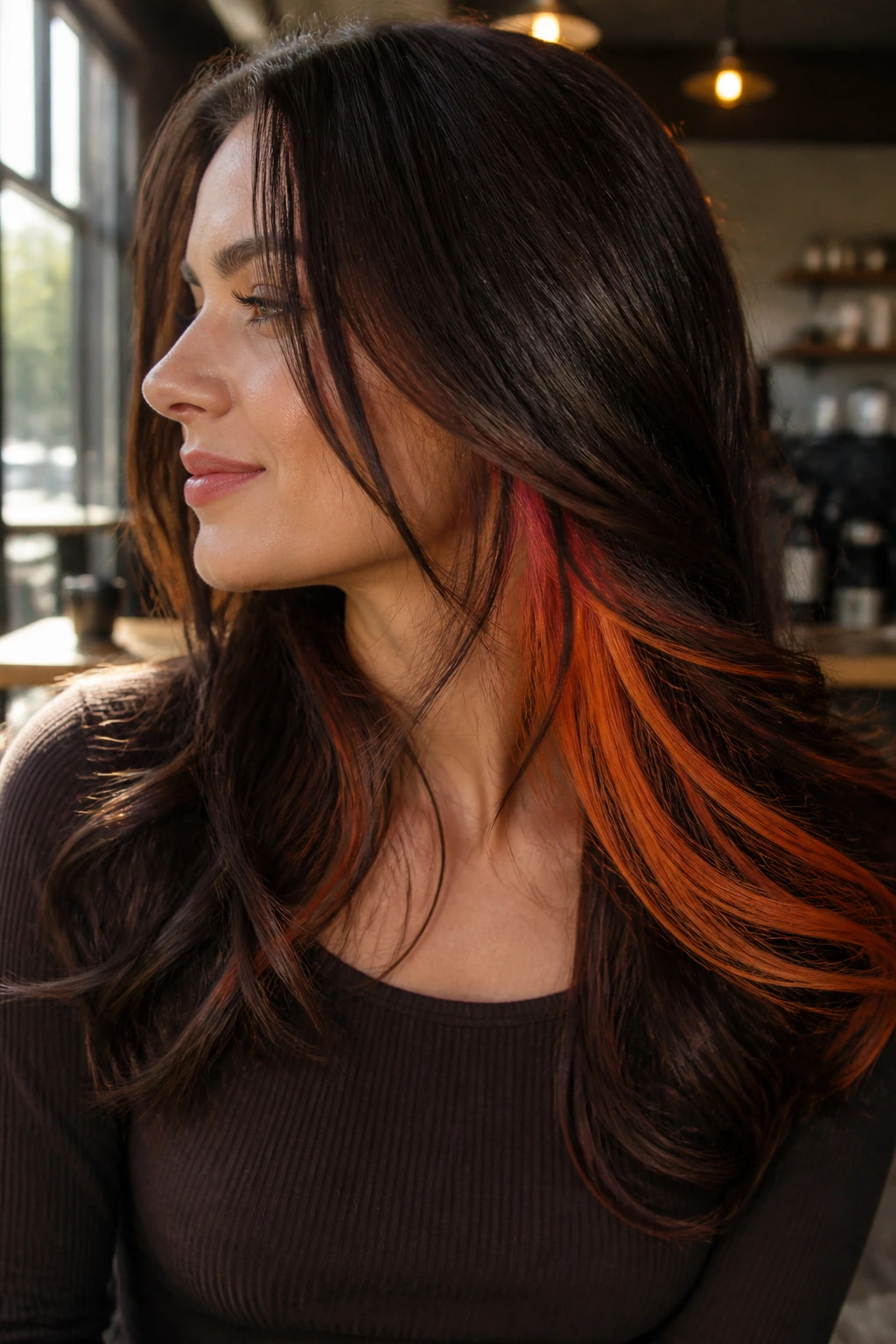 Close-up portrait showing dark chocolate hair with tangerine peek