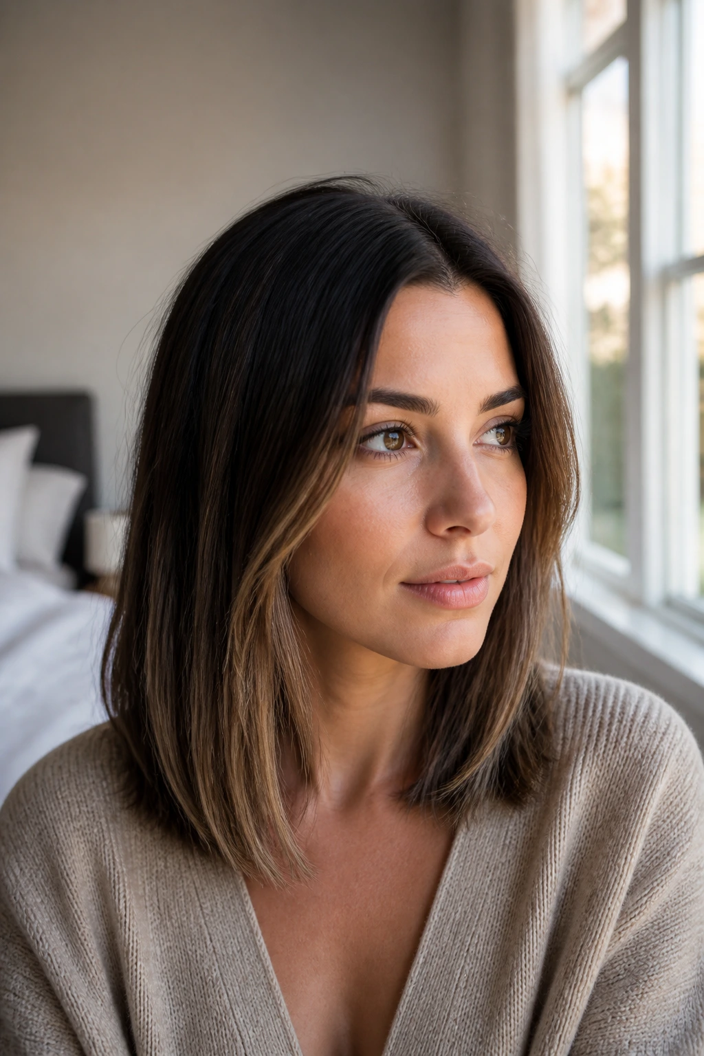 Close-up of a real woman's hair with espresso to mocha cream ombre in warm bedroom light