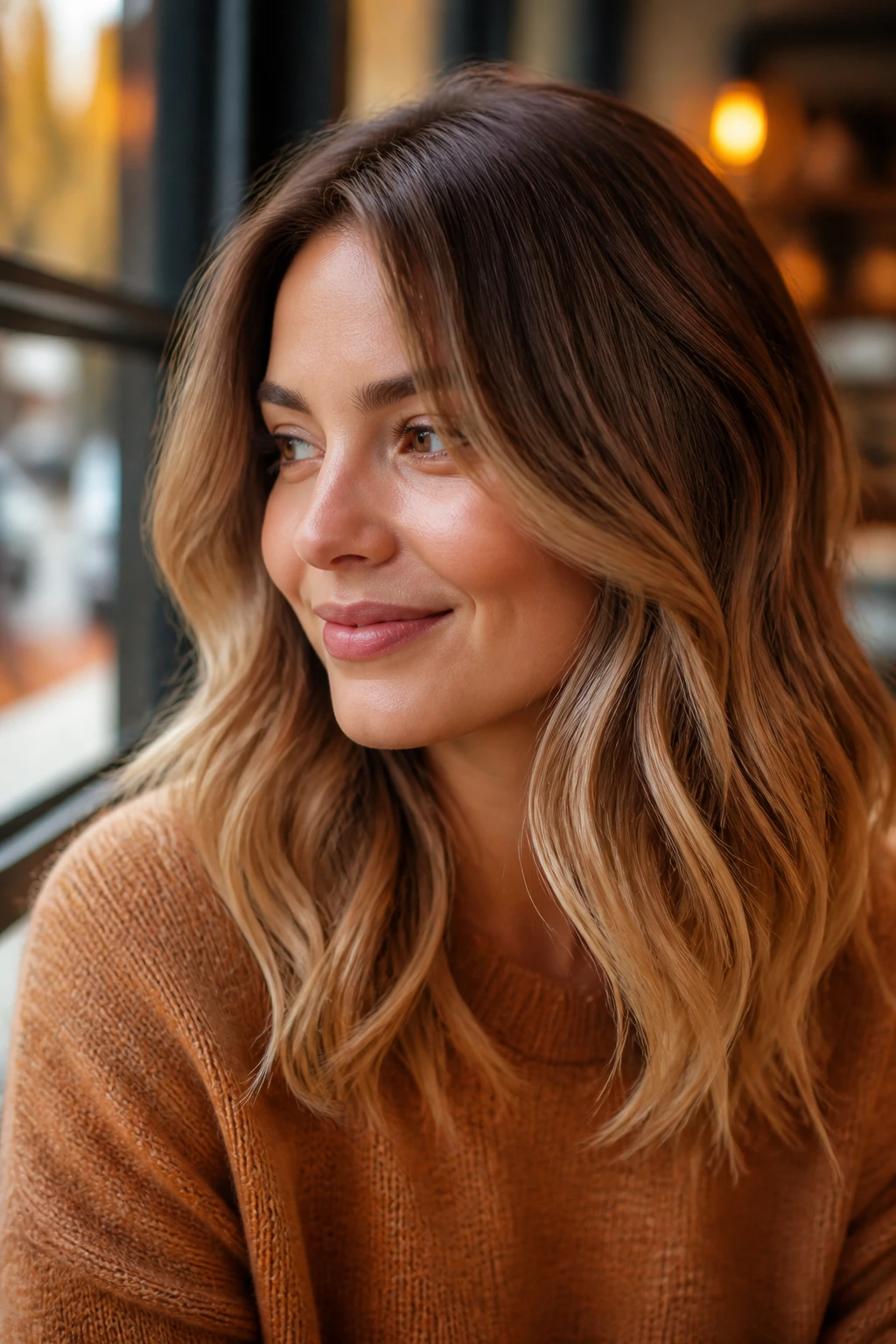 Close-up of a real woman's hair with maple syrup blonde ombre in a warm cafe setting
