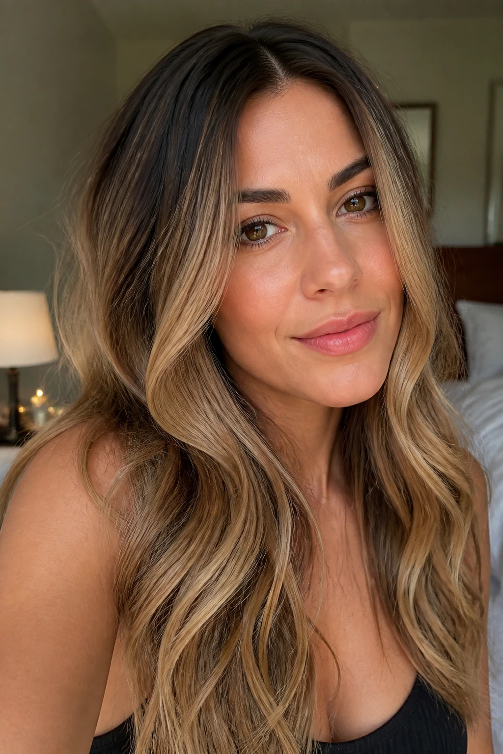 Close-up of a real woman with a seamless ombre hair look in warm light