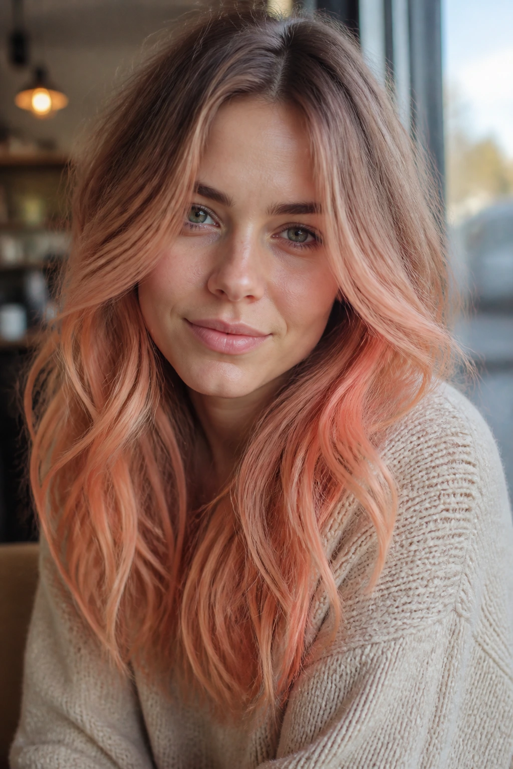 Close-up portrait showing peach apricot fade on brunette hair