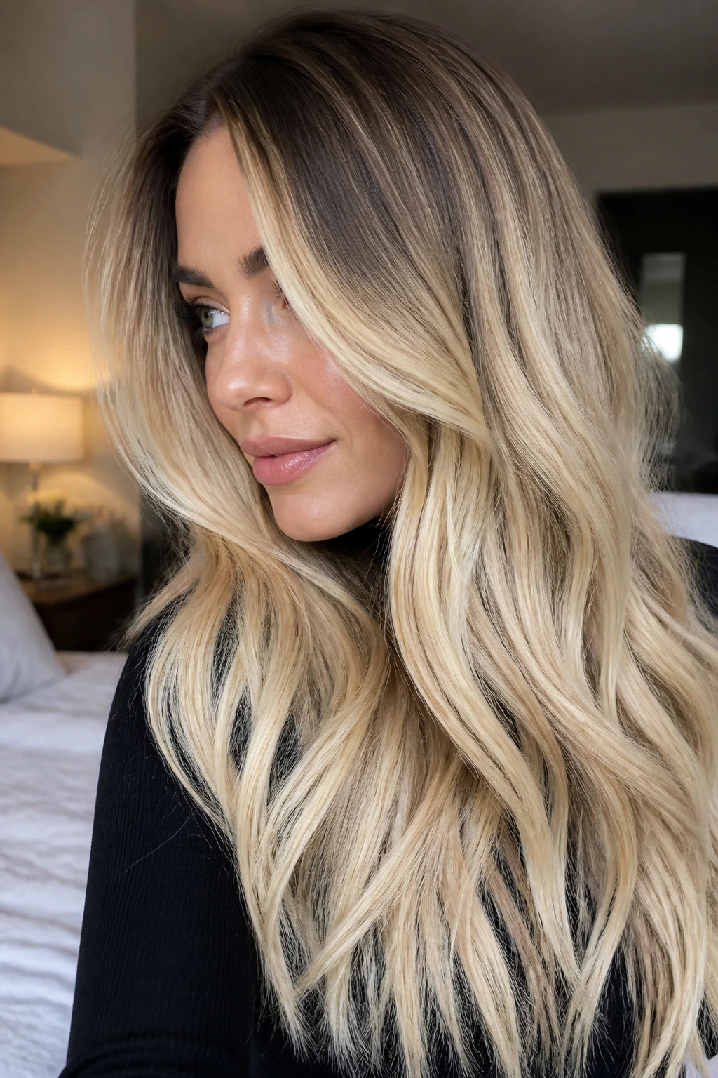 Close-up of rooted butter blonde ombre on long hair