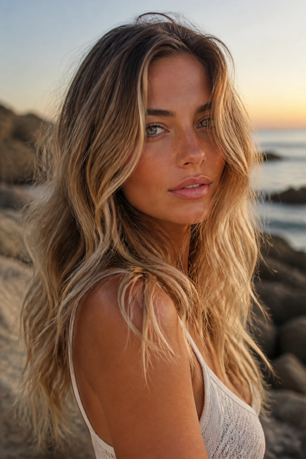 Close-up of a real woman's hair showing sandy brown to soft blonde ombre with beachy waves in natural sunlight
