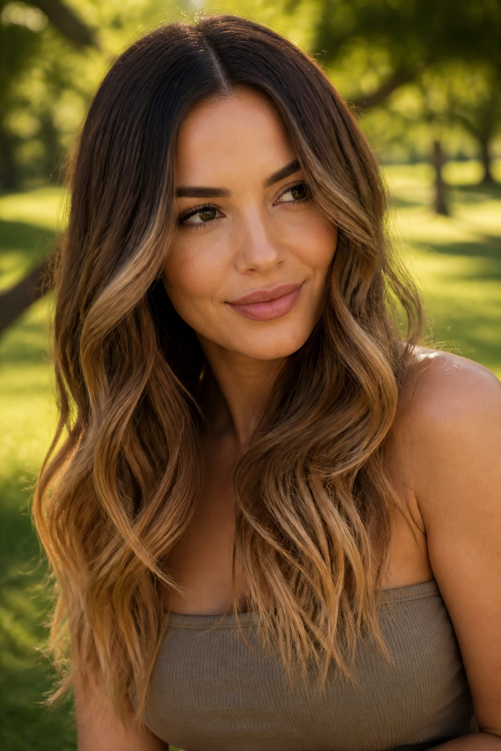 Medium close-up of a real woman showing a soft toffee ombré with seamless fade