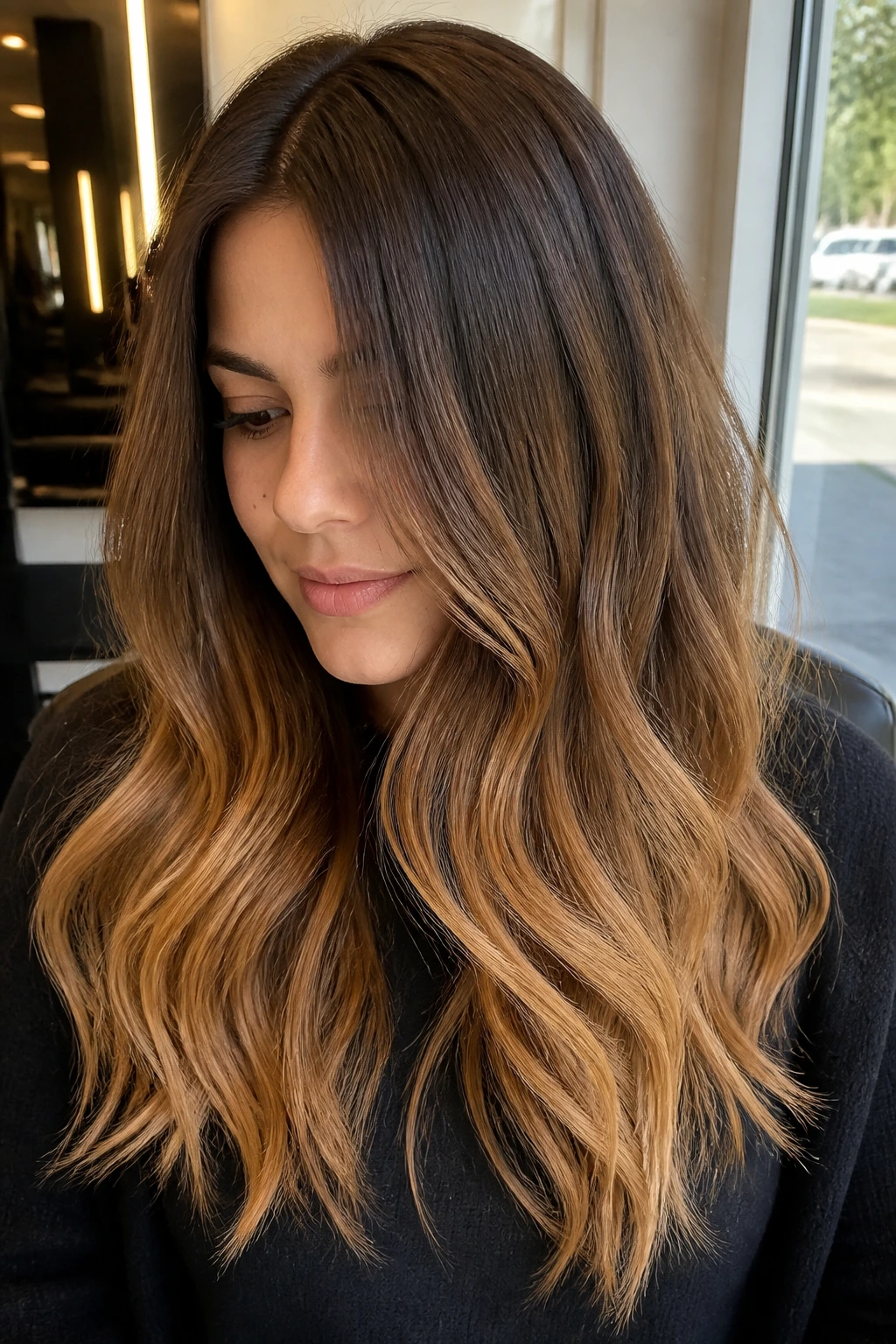 Close-up portrait showing walnut to butterscotch ombre on hair