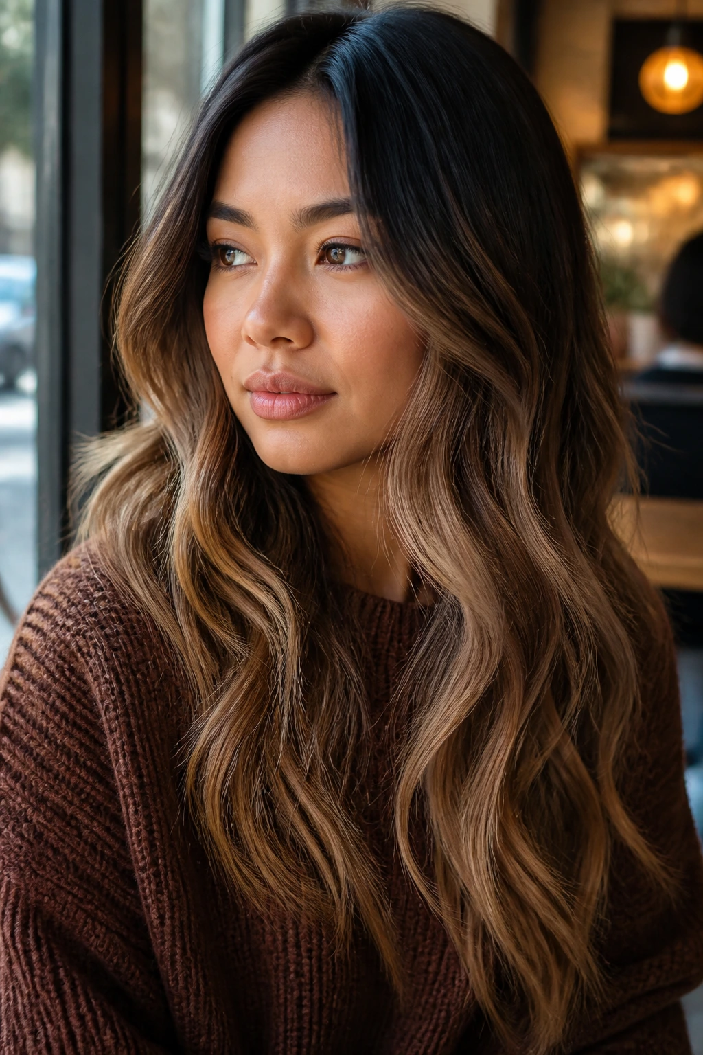 Close-up portrait of a woman with loose waves highlighting an ombre blend.