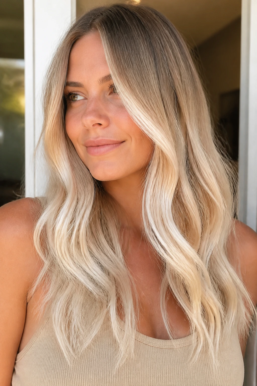 Close-up of a real woman with honey blonde to vanilla cream ombre