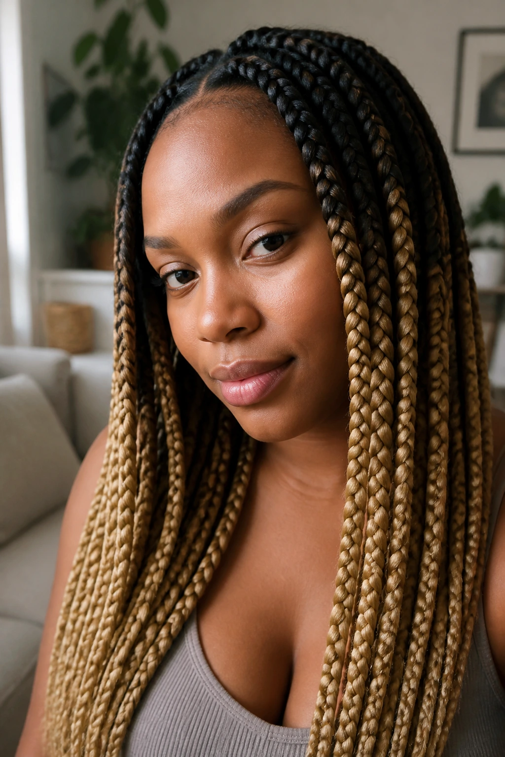 Close-up of a real woman with ombré jumbo box braids, dark roots fading to lighter ends