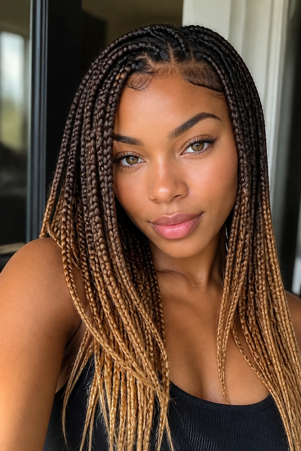 Close-up portrait of a real woman with ombre knotless braids.