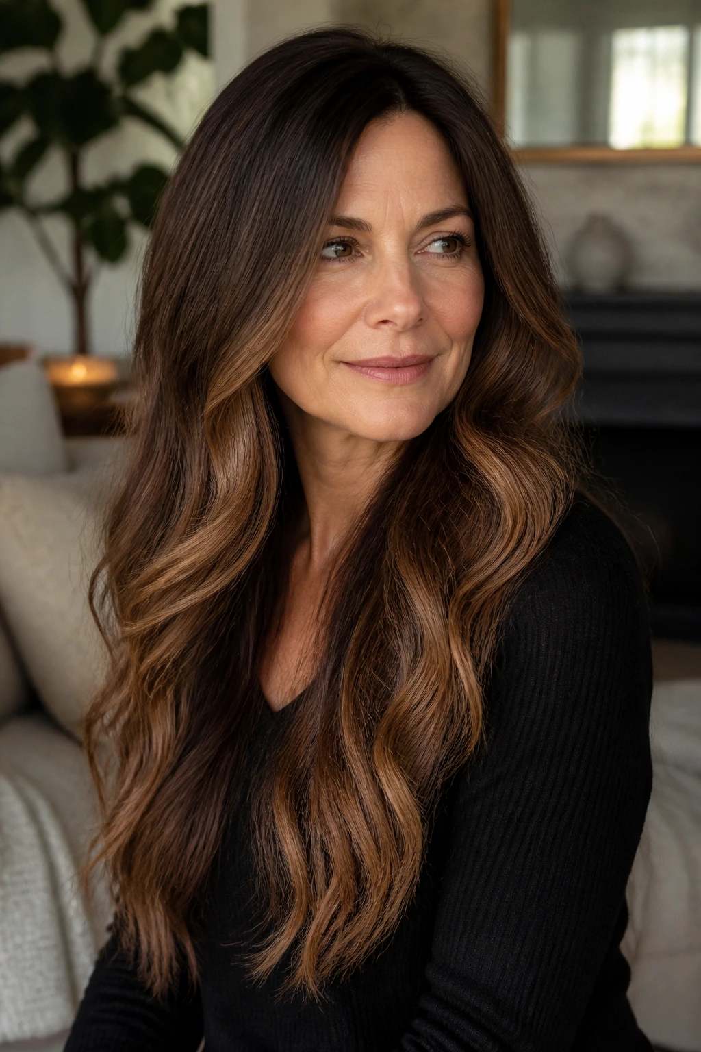 Close-up portrait of a real woman with long chestnut brown ombré hair and a gradual color transition from roots to ends