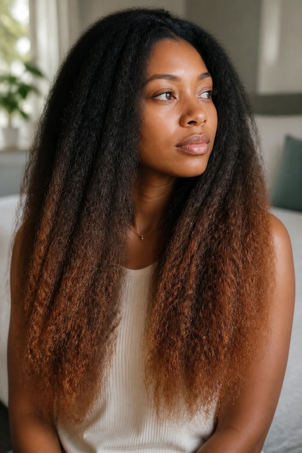 Close-up of a Black woman with long natural hair in a black-to-chestnut ombré gradient