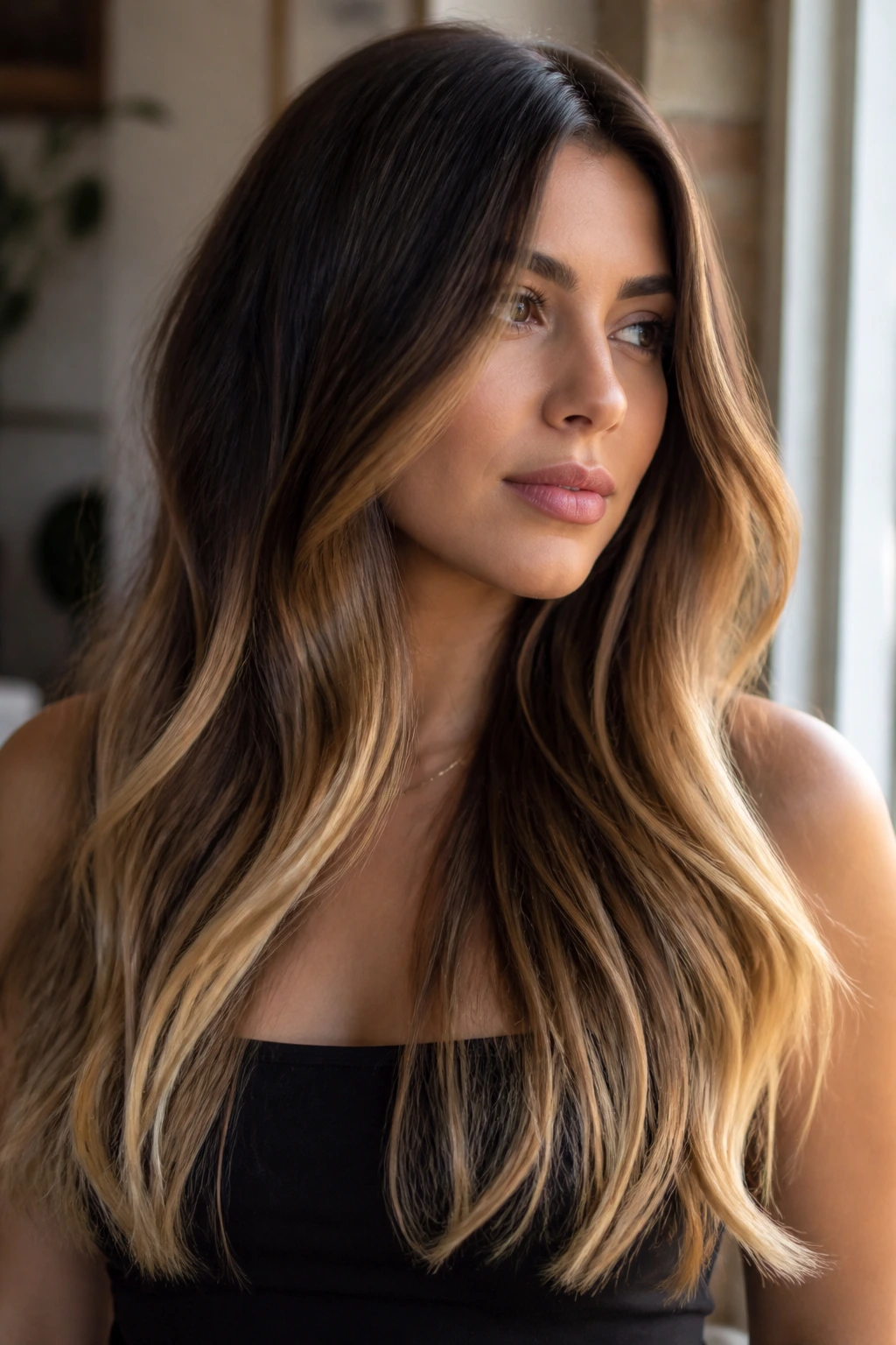 Close-up portrait of a real person with long ombre hair from dark roots to light ends