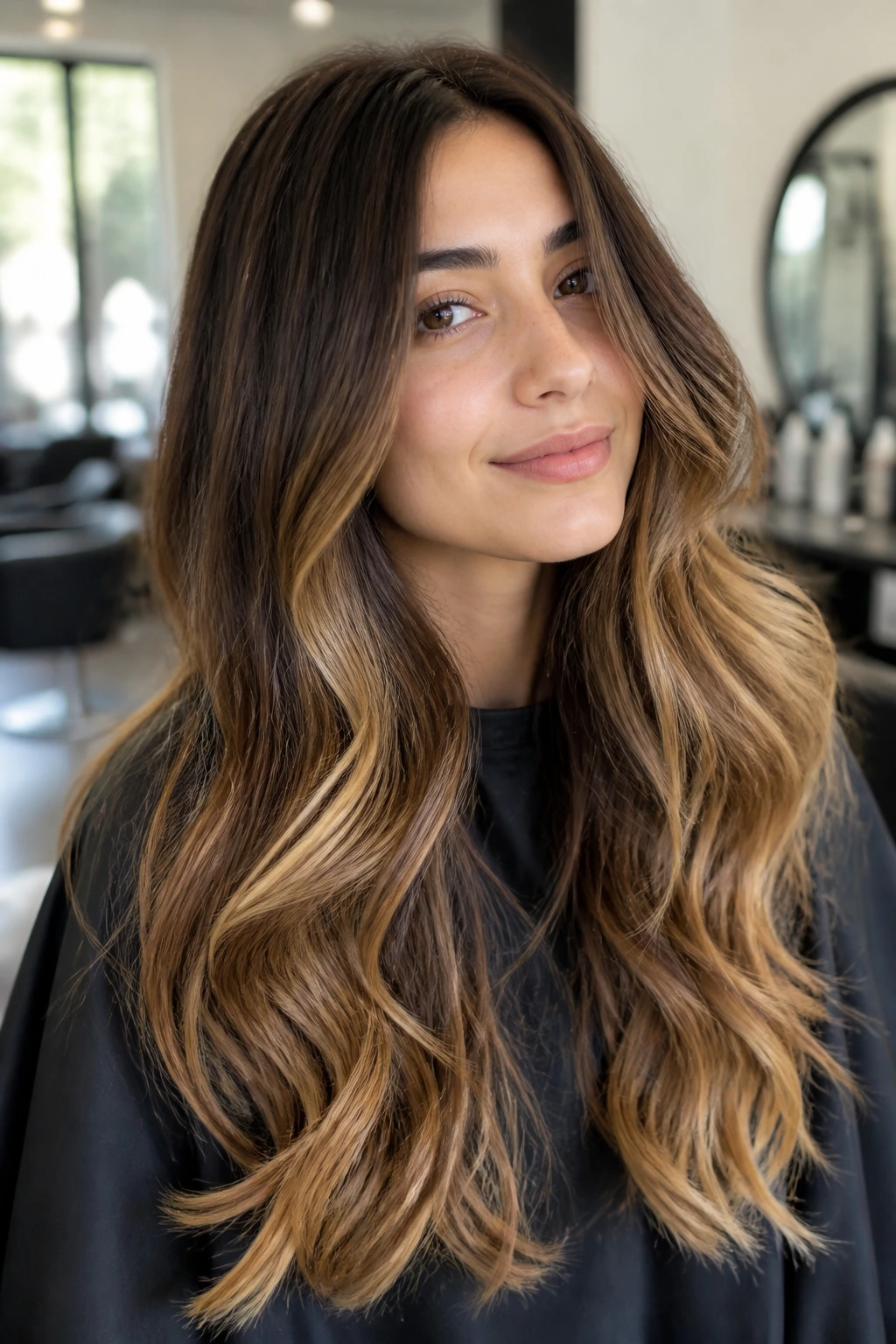 Close-up portrait of a real woman with long ombre hair in a soft fade, salon setting