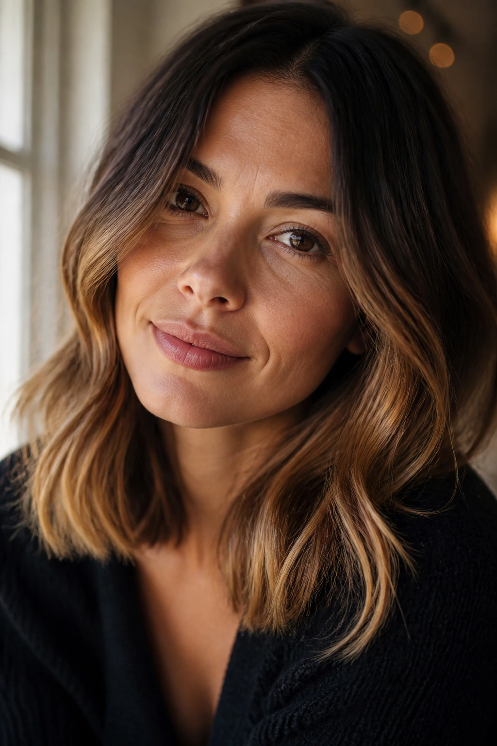 Close-up portrait of a real woman with medium-length ombre hair showing a soft root-to-end gradient