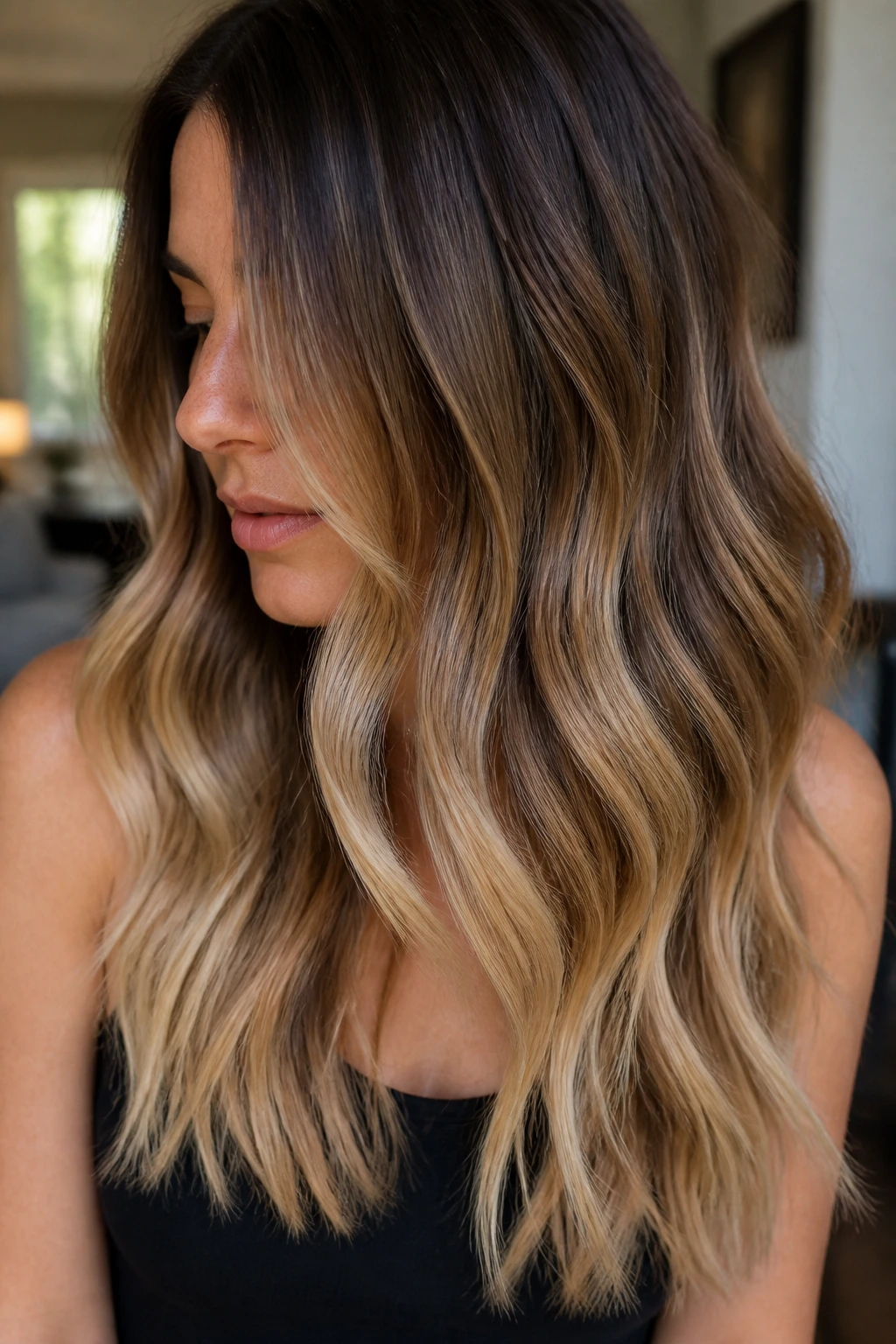 Close-up of long hair showing a soft ombre melt in a cozy indoor setting