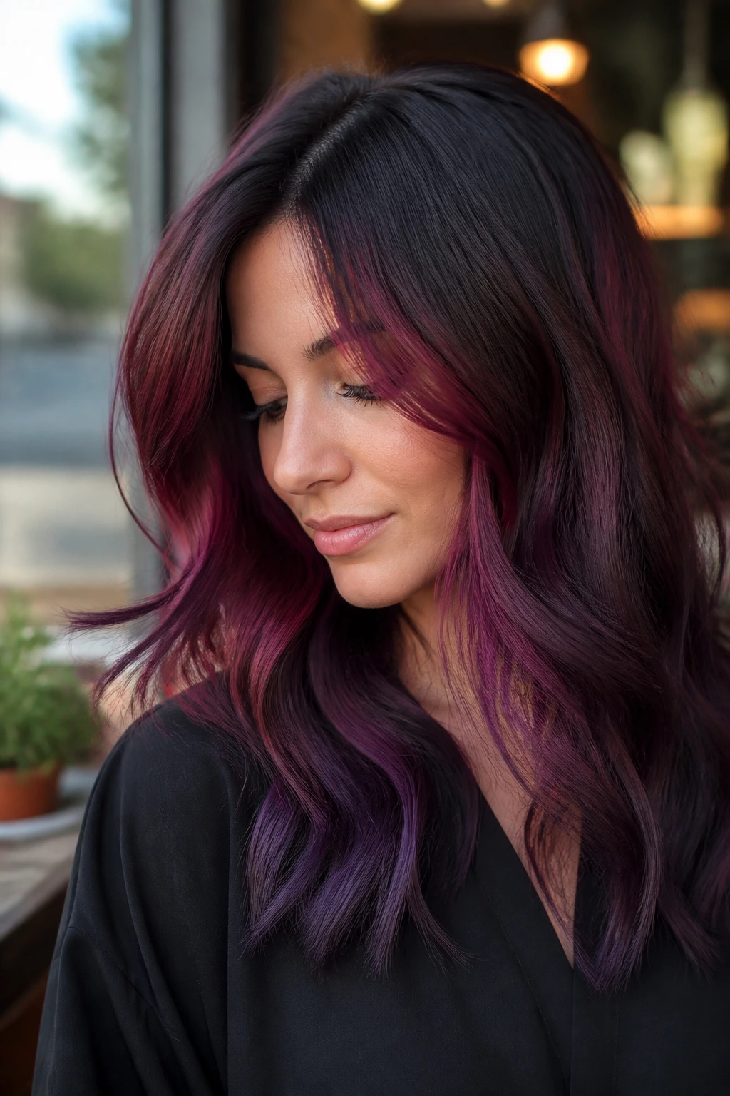 Close-up portrait of hair showing black cherry to plum smoke ombre on a real person