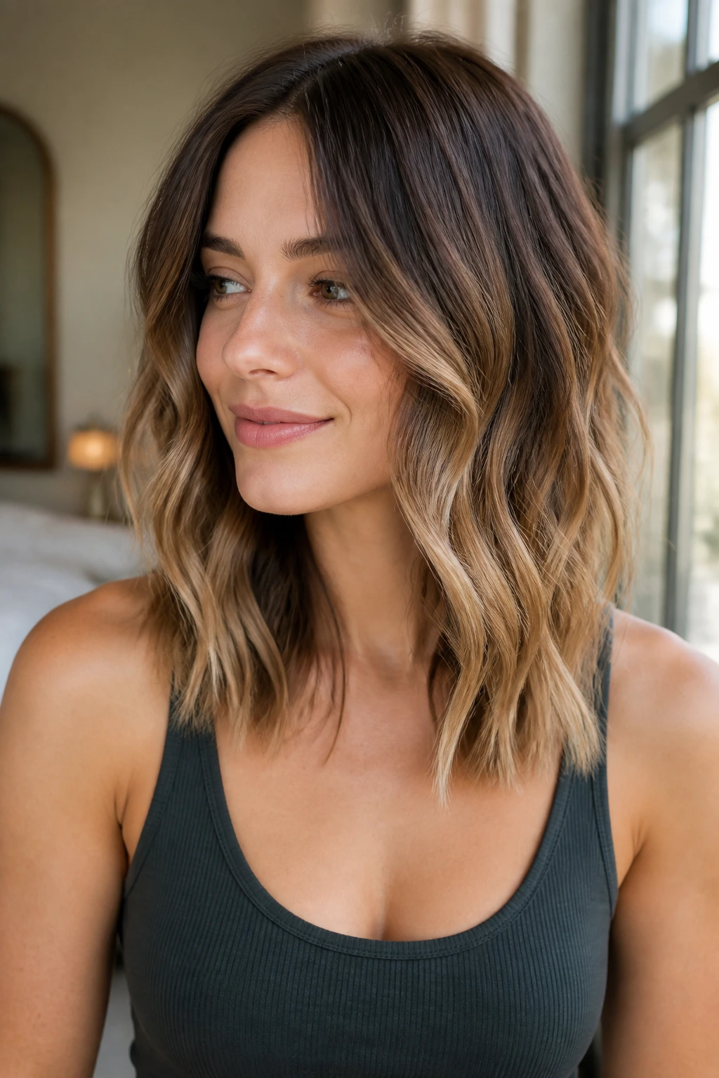Woman with ombre hair styled in loose waves showing gradient read