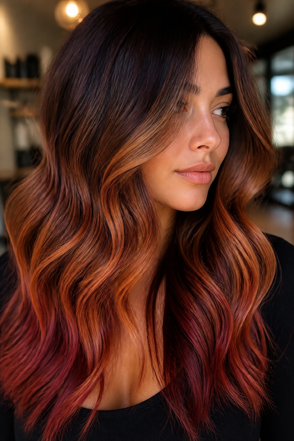 Close-up of a real woman with glossy ombre tones in a warm salon setting