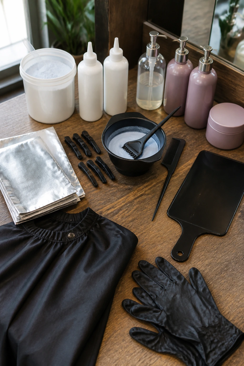 Top-down view of essential ombre tools arranged on a salon counter