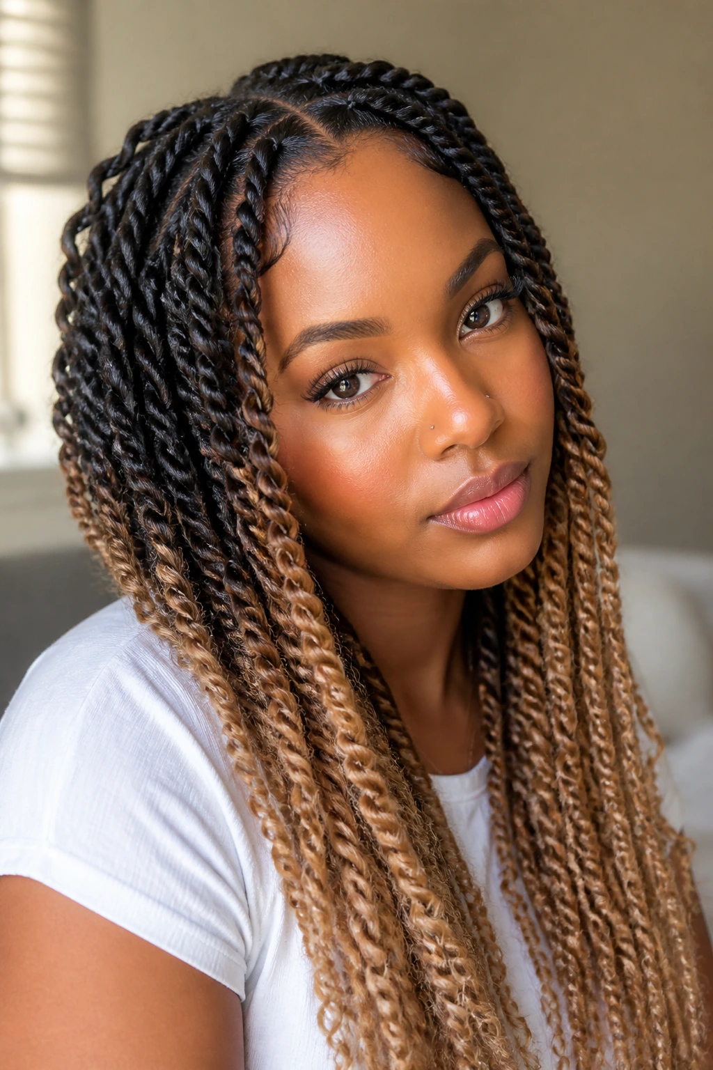 Close-up of a real woman with ombre passion twists from roots to ends