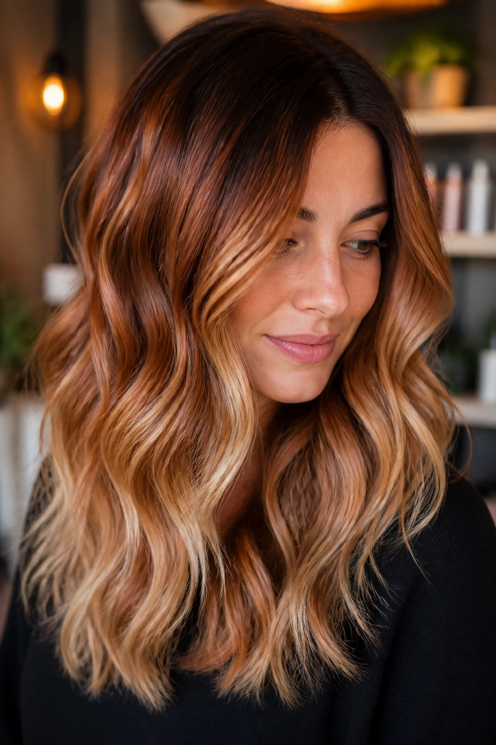 Close-up portrait of a woman with ombre hair in copper, caramel, and beige tones.