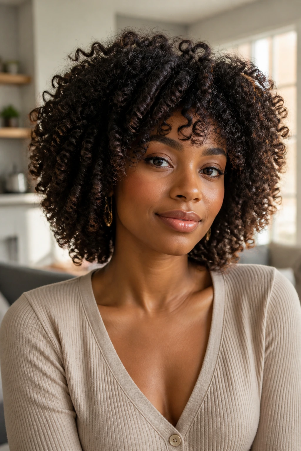 Real person with a versatile 3B curly cut in a home setting
