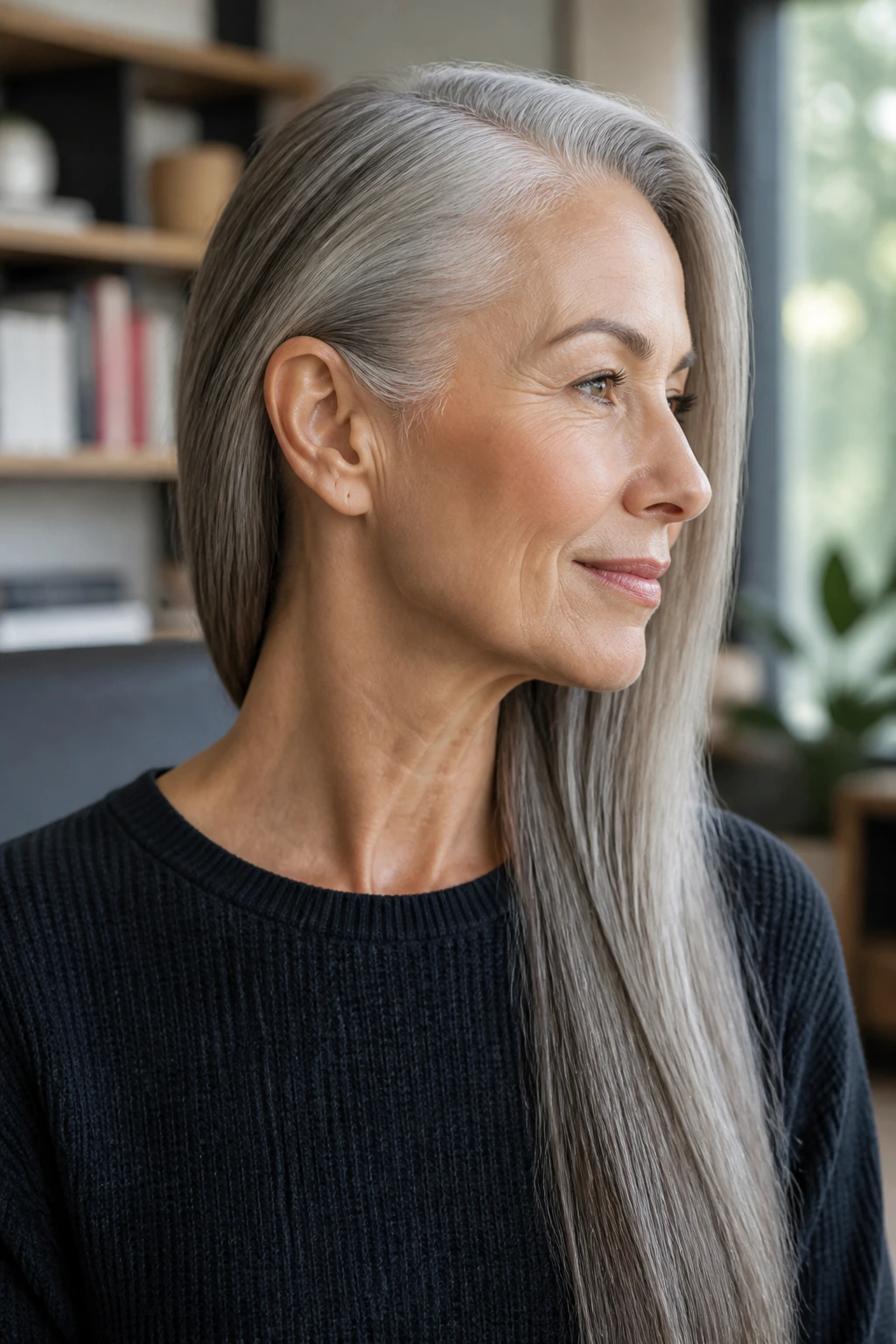 Real woman with one-ear tuck and sleek length, highlighting tucked side behind ear.