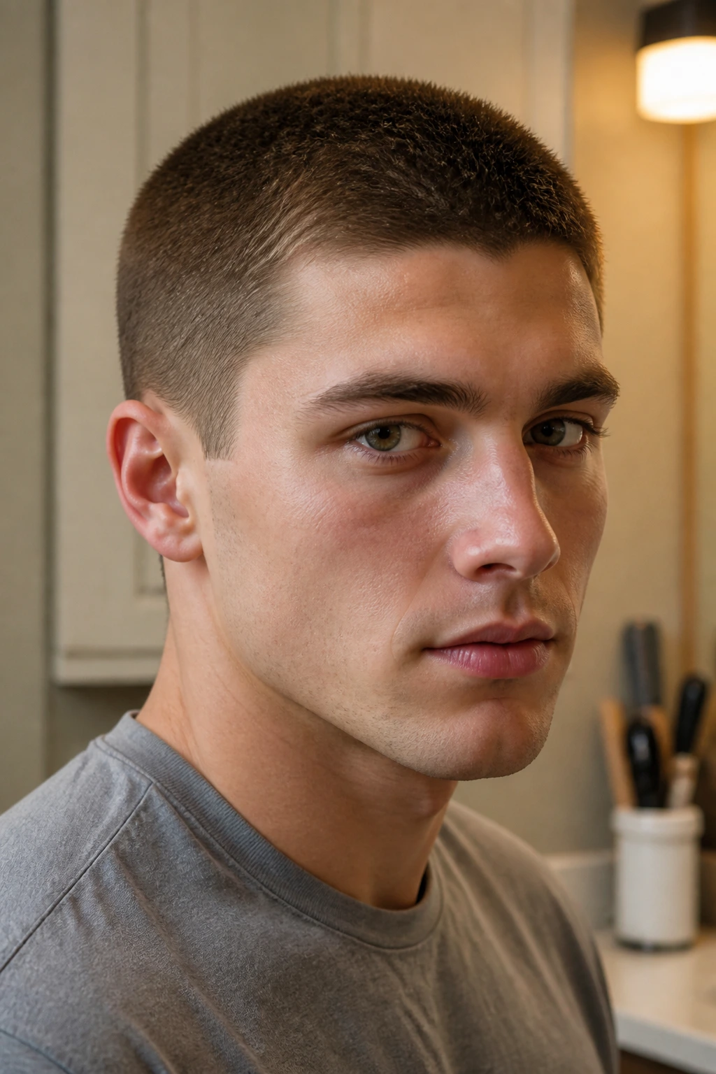 Close-up of a real man with one-guard crew cut at home