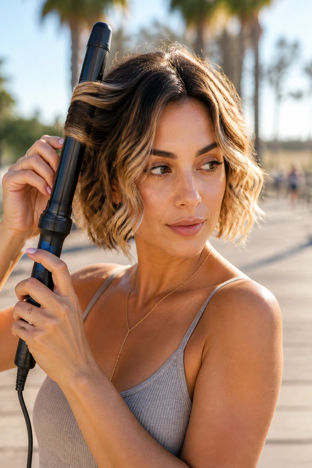 Close-up of short hair with one-inch wand waves on a real person outdoors