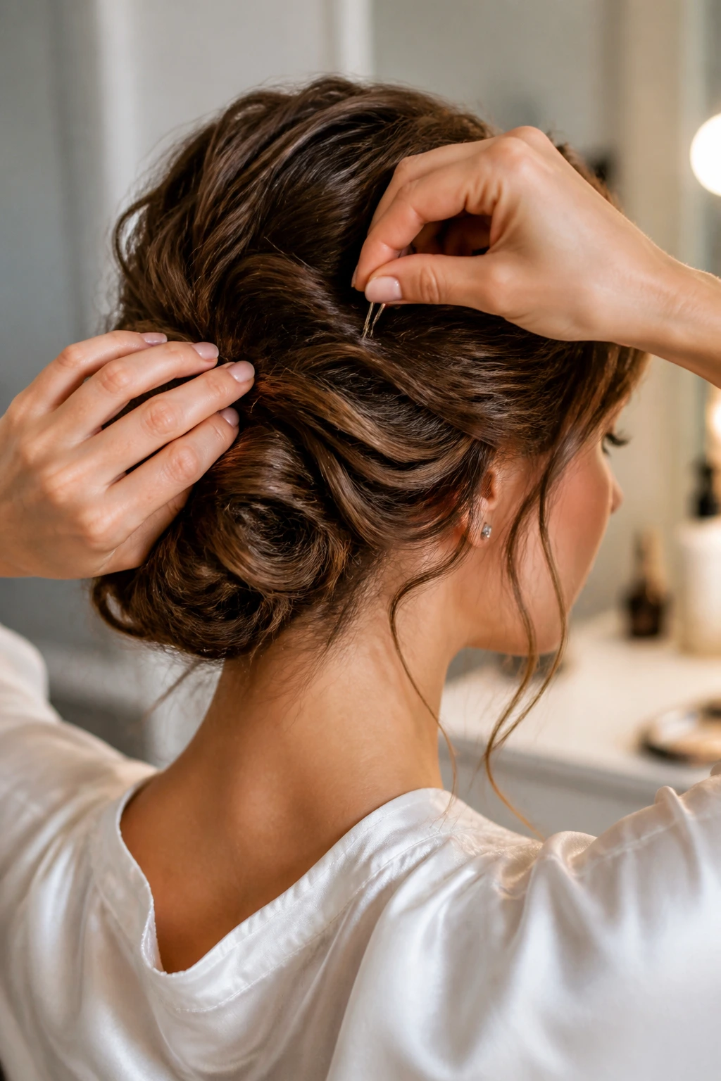 Close-up of a real woman placing a final pin into a wavy updo