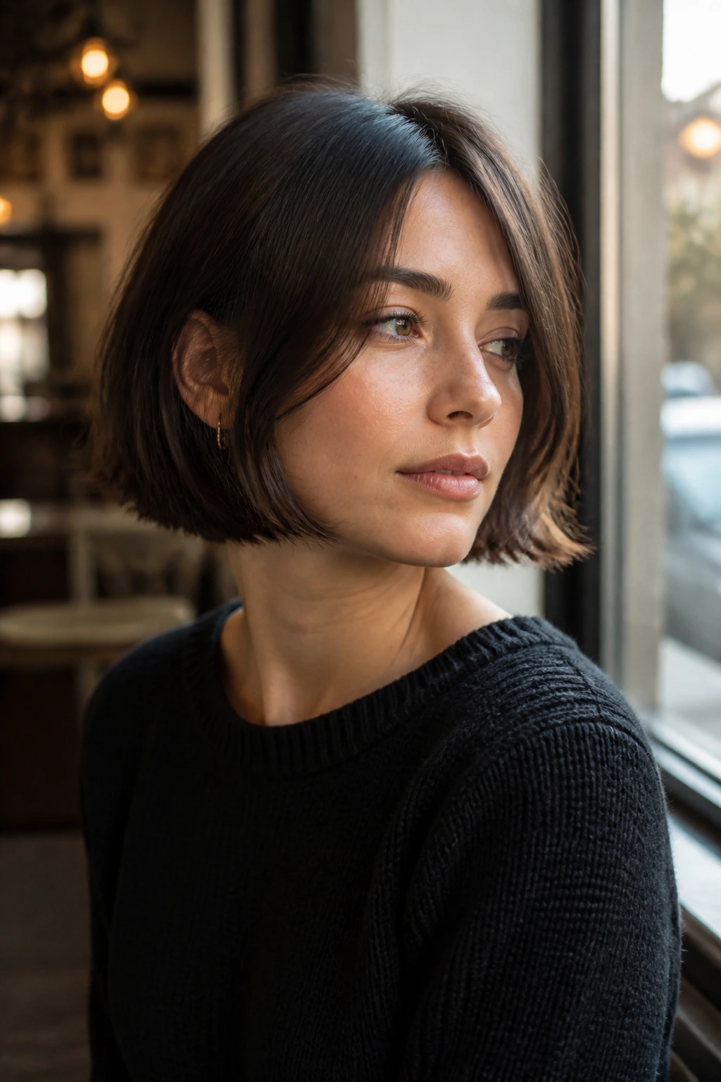 Portrait of a real person with one-length bob and airy ends