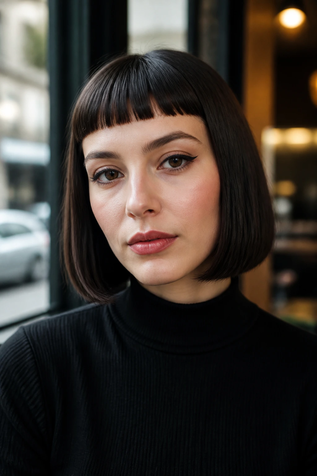 Close-up portrait of a real woman with a one-length bob and baby bangs in daylight