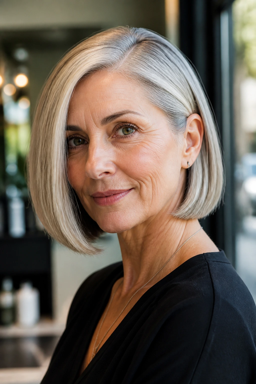 Close-up portrait of a real woman with a deep side part one-length bob